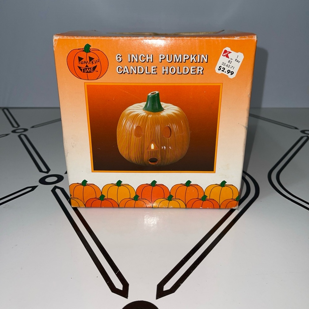 Vintage Pumpkin Time 6" Ceramic Jack O Lantern Candle Holder Orange Green Box - Picture 8 of 10